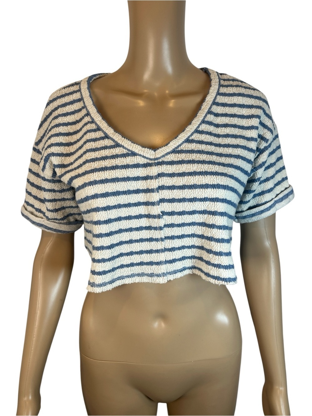 Altar’d State Striped Blue & White V-Neck Cropped Top XS